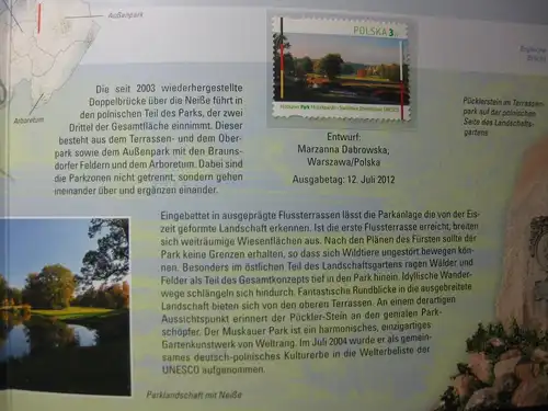 Gedenkblatt  Erinnerungsblatt der Deutsche Post: UNESCO-Welterbe Muskauer Park, 2012