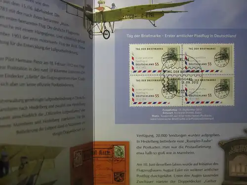 Gedenkblatt  Erinnerungsblatt der Deutsche Post: Tag der Briefmarke, 1. amtl. Postflug
