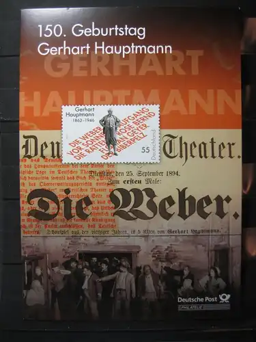 Gedenkblatt  Erinnerungsblatt der Deutsche Post: 150. Geburtstag Gerhart Hauptmann, 2012