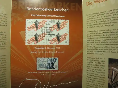 Gedenkblatt  Erinnerungsblatt der Deutsche Post: 150. Geburtstag Gerhart Hauptmann, 2012
