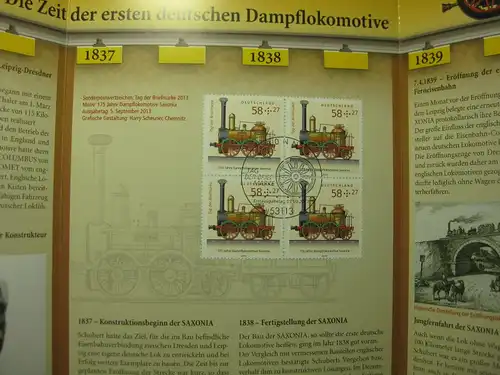 Gedenkblatt  Erinnerungsblatt der Deutsche Post: 175 Jahre Dampflokomotive SAXONIA, 2013