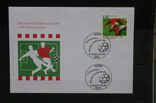 Ersttagsbrief Künstler- Ersttagsbrief FDC der Deutsche Postphilatelie: Deutscher Fußballmeister 1998; 1. FC Kaiserslautern