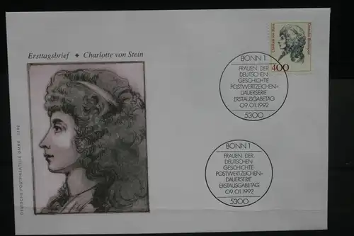 Ersttagsbrief Künstler- Ersttagsbrief FDC der Deutsche Postphilatelie: Freimarkenserie: Frauen; Charlotte von Stein