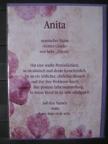 Anita, Namenskarte, Geburtstagskarte, Glückwunschkarte, Personalisierte Karte

