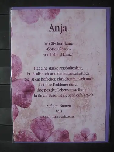 Anja, Namenskarte, Geburtstagskarte, Glückwunschkarte, Personalisierte Karte

