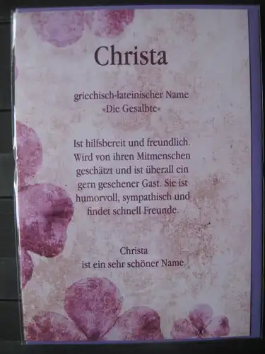 Christa, Namenskarte, Geburtstagskarte, Glückwunschkarte, Personalisierte Karte

