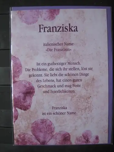 Franziska, Namenskarte, Geburtstagskarte, Glückwunschkarte, Personalisierte Karte

