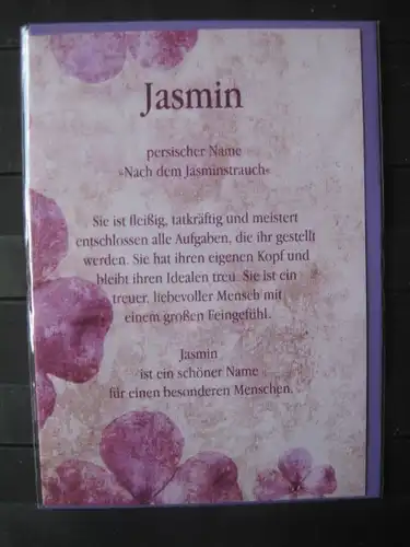 Jasmin, Namenskarte, Geburtstagskarte, Glückwunschkarte, Personalisierte Karte

