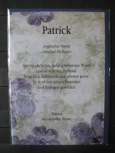 Patrick, Namenskarte, Geburtstagskarte, Glückwunschkarte, Personalisierte Karte

