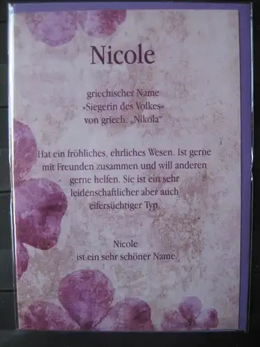 Nicole, Namenskarte, Geburtstagskarte, Glückwunschkarte, Personalisierte Karte

