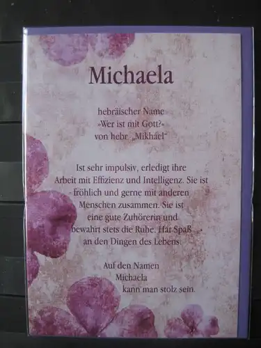Michaela, Namenskarte, Geburtstagskarte, Glückwunschkarte, Personalisierte Karte

