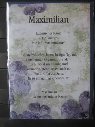 Maximilian, Namenskarte, Geburtstagskarte, Glückwunschkarte, Personalisierte Karte

