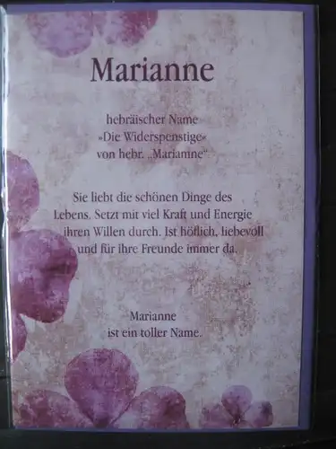 Marianne, Namenskarte, Geburtstagskarte, Glückwunschkarte, Personalisierte Karte

