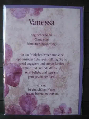 Vanessa, Namenskarte, Geburtstagskarte, Glückwunschkarte, Personalisierte Karte

