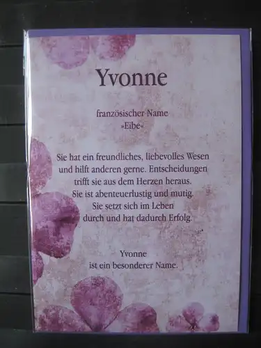 Yvonne, Namenskarte, Geburtstagskarte, Glückwunschkarte, Personalisierte Karte

