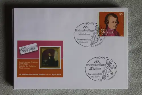 Umschlag mit Sonderwertstempel; USo 149, 16. Briefmarkenmesse Koblenz 2008; Mozart