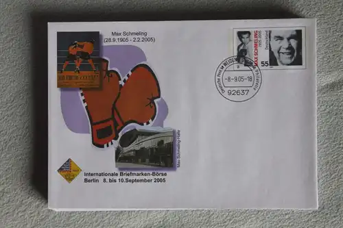 Umschlag mit Sonderwertstempel; USo 102; Intern. Briefmarken-Börse 2005; Max Schmeling