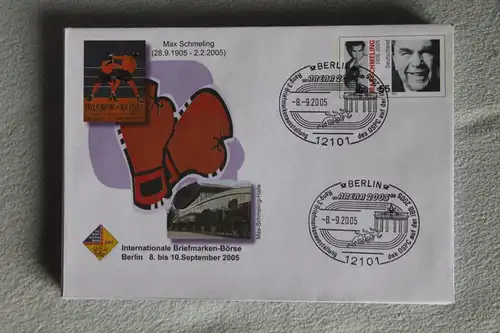 Umschlag mit Sonderwertstempel; USo 102; Intern. Briefmarken-Börse 2005; Max Schmeling