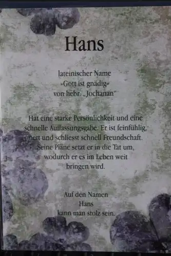 Hans,  Namenskarte, Geburtstagskarte, Glückwunschkarte, Personalisierte Karte

