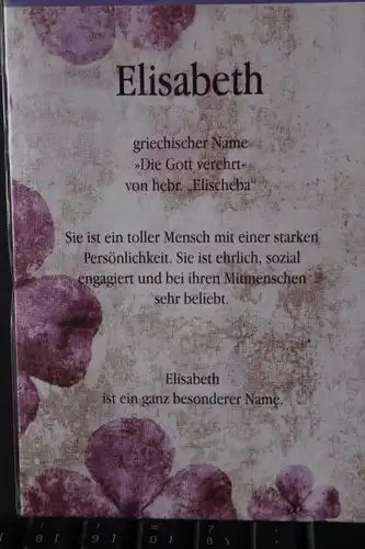 Elisabeth,  Namenskarte, Geburtstagskarte, Glückwunschkarte, Personalisierte Karte

