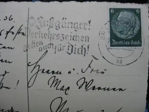 Karte von 1936 mit Werbestempel Verkehrszeichen