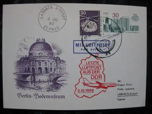 Letzte DDR Luftpost Berlin-Larnaca 1990