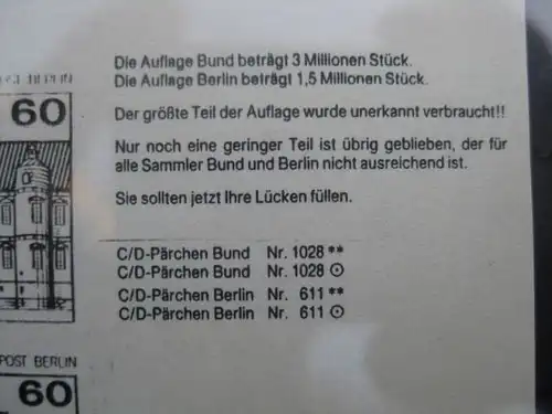 Bund Burgen & Schlösser Alte Fluoreszenz C/D Paar ** Michel-Nr. 1028