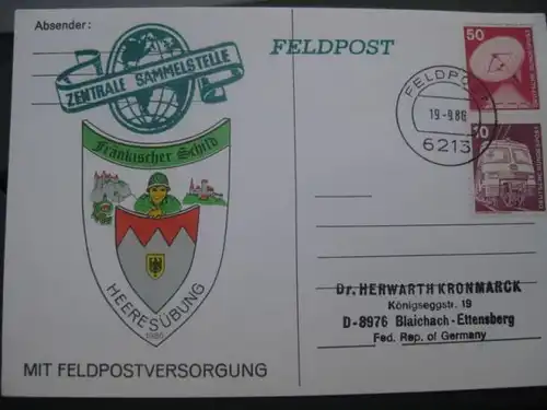 Feldpostkarte &quot;Fränkischer Schild 1986&quot; miz Zusatzstempelvariante &quot;A&quot;