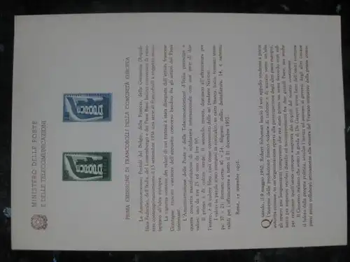 Italien CEPT 1956 Ankündigungskarton Amtl. Bollettinio des Postministeriums zur Michel-Nr. 973-74