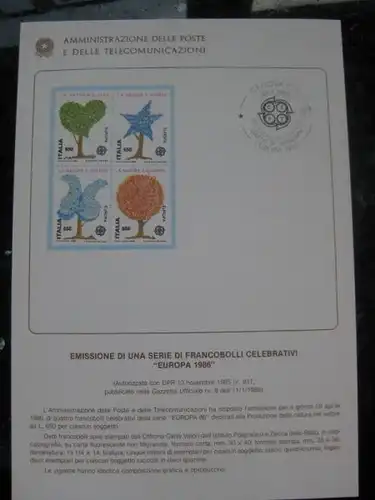 Italien CEPT 1986 Ankündigungskarton Amtl. Bollettinio des Postministeriums zur Michel-Nr. 1968-71