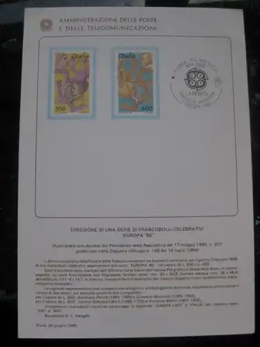 Italien CEPT 1985 Ankündigungskarton Amtl. Bollettinio des Postministeriums zur Michel-Nr. 1932-33
