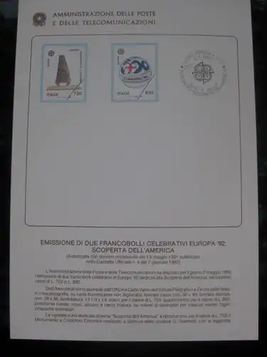 Italien CEPT 1992 Ankündigungskarton Amtl. Bollettinio des Postministeriums zur Michel-Nr. 2213-14