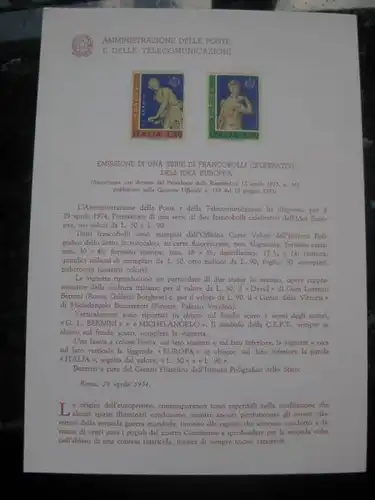 Italien CEPT 1974 Ankündigungskarton Amtl. Bollettinio des Postministeriums zur Michel-Nr. 1440-41