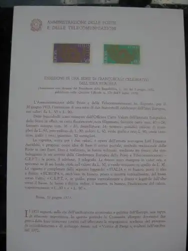 Italien CEPT 1973 Ankündigungskarton Amtl. Bollettinio des Postministeriums zur Michel-Nr. 1409-10