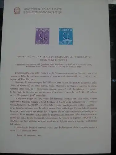 Italien CEPT 1966 Ankündigungskarton Amtl. Bollettinio des Postministeriums zur Michel-Nr. 1215-16