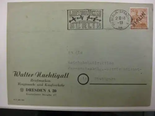 Bedarfsbrief aus Berlin mit Mi.-Nr. 9 und Luftbrückenstempel Spandau nach Stuttgart