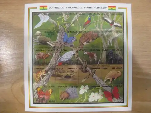 Ghana, Kleinbogen mit 20 verschiedenen Marken African Tropical Rain Forest