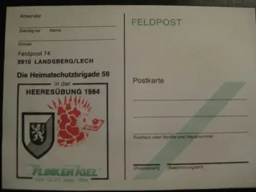 Frühe Ausgabe einer Feldpostkarte der Bundeswehr, &amp;quot;Flinker Igel. 1984&amp;quot;, blanco