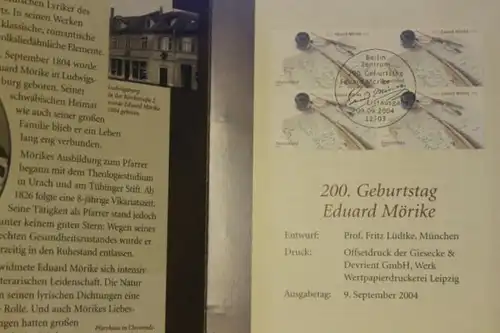 Gedenkblatt, Erinnerungsblatt der Deutsche Post; 200. Geburtstag Eduard Mörike