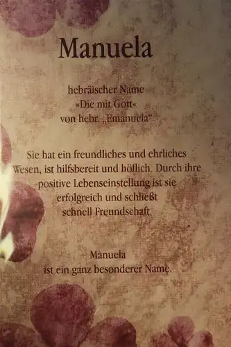 Manuela, Namenskarte, Geburtstagskarte, Glückwunschkarte, Personalisierte Karte

, Namen Manuela