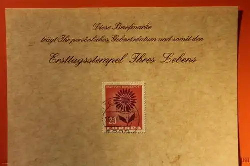 20.9.1964; Geburtstagskarte- Ersttagskarte - Diese Briefmarke trägt Ihr persönliches Geburtsdatum und somit den Ersttagsstempel Ihres Lebens