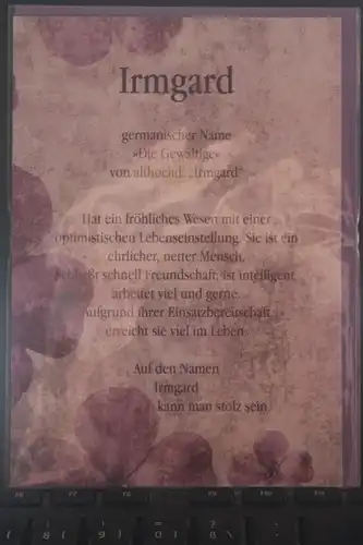 Irmgard, Namenskarte, Geburtstagskarte, Glückwunschkarte, Personalisierte Karte

, Namen Irmgard