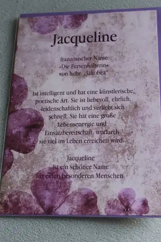Jacqueline, Namenskarte Jacqueline; Geburtstagskarte Jacqueline, Glückwunschkarte Jacqueline, Personalisierte Karte

 Jacqueline