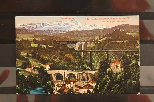 [Echtfotokarte farbig] Eisenbahnbrücken über die Sitter bei Bruggen, St. Gallen. 
