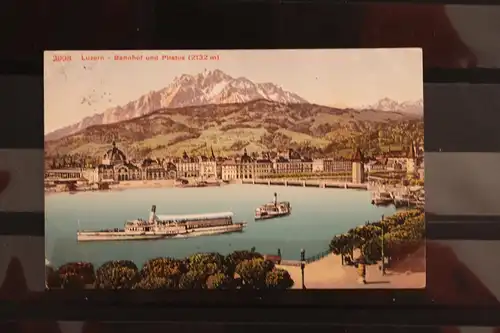 [Hand-Kolloriert] Luzern- Bahnhof und Pilatus. 