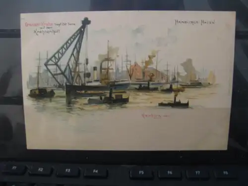 [Lithographie] Hamburg Hafen; Großer Krahn auf dem Krahnenhöft (Tragf. 150 Tons). 