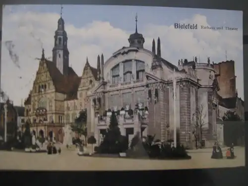 [Echtfotokarte farbig] Bielefeld Rathaus und Theater. 