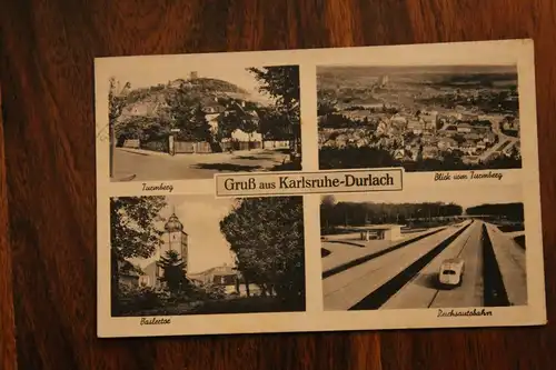[Echtfotokarte schwarz/weiß] Gruß aus Karlsruhe-Durlach.;  Vierbildkarte mit Reichsautobahn  und Tankstelle. 