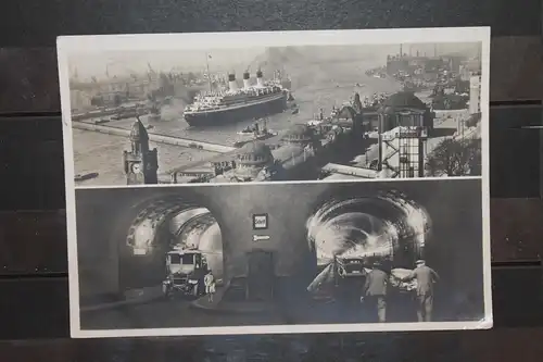 [Echtfotokarte schwarz/weiß] Elbtunnel Hamburg-Steinwärder mit Hafen und Innen- und Außenansicht. 