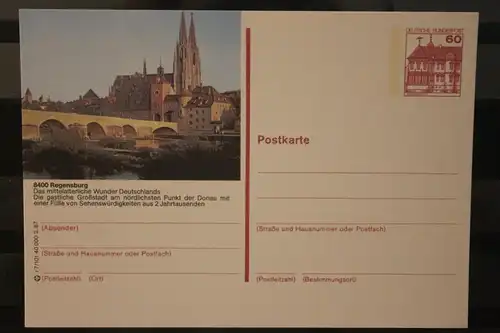 [Werbepostkarte] Bildpostkarte P 138; Teilserie "r" der Bundespost 1987:Regensburg. 